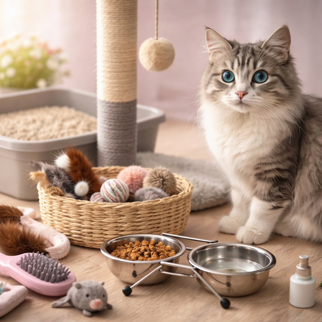 Katt som har ulike leker og katteutstyr ved siden av seg